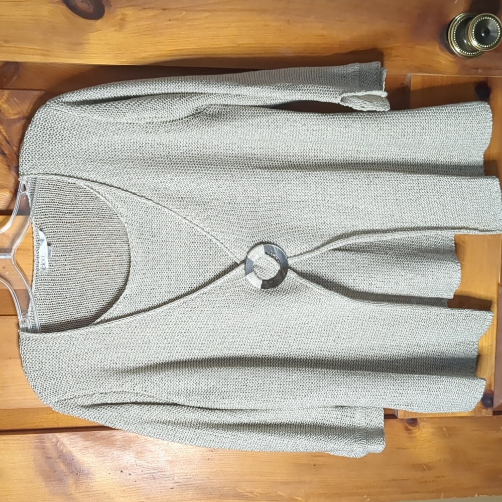 CLEO* Tan khaki 3/4 sleeve round neck tank cardigan fooler set top dec. closure